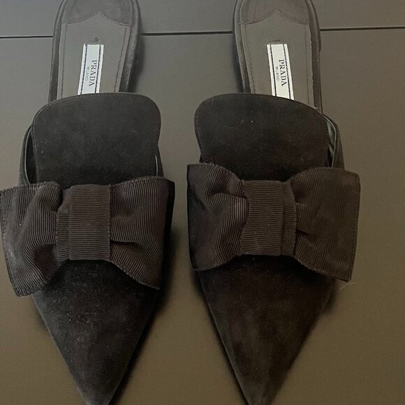 Prada Suede Grosgrain Bow Mules Flats - Picture 3 of 10
